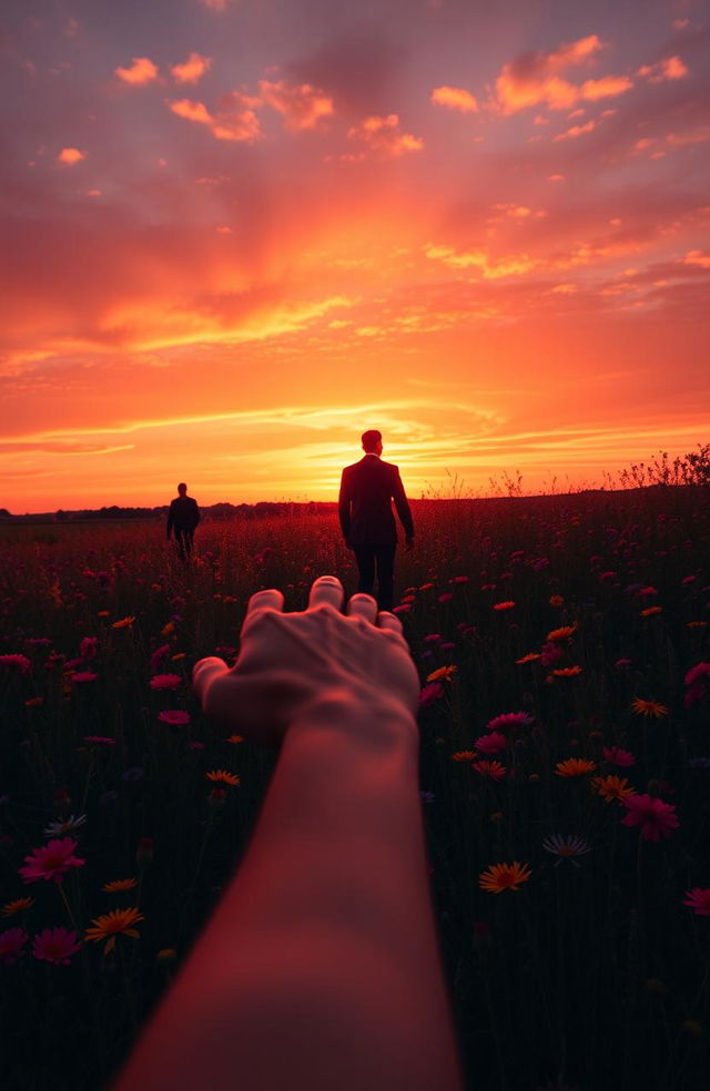 A picturesque scene featuring a vibrant field of wildflowers in a stunning sunset, with silhouettes of two men walking away from each other