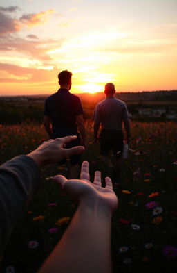 A picturesque scene featuring a vibrant field of wildflowers in a stunning sunset, with silhouettes of two men walking away from each other
