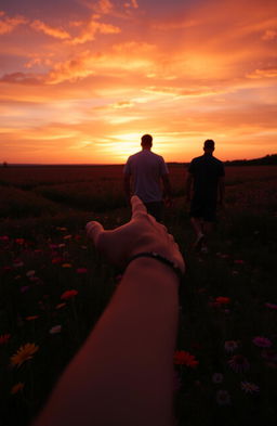 A picturesque scene featuring a vibrant field of wildflowers in a stunning sunset, with silhouettes of two men walking away from each other