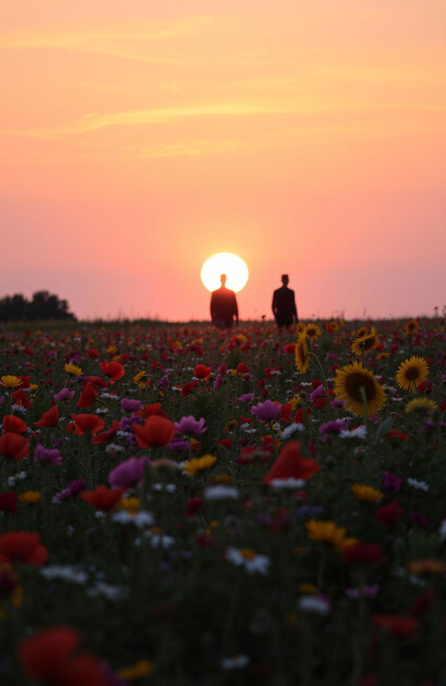 A serene field of colorful flowers in full bloom, showcasing a vibrant mix of poppies, daisies, and sunflowers, with a stunning sunset casting warm orange and pink hues across the sky