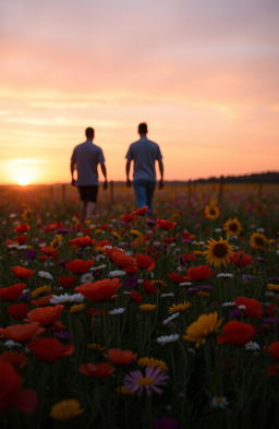 A serene field of colorful flowers in full bloom, showcasing a vibrant mix of poppies, daisies, and sunflowers, with a stunning sunset casting warm orange and pink hues across the sky