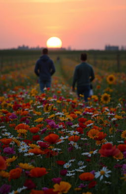 A serene field of colorful flowers in full bloom, showcasing a vibrant mix of poppies, daisies, and sunflowers, with a stunning sunset casting warm orange and pink hues across the sky