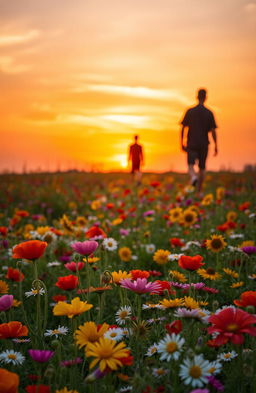 A serene field of colorful flowers in full bloom, showcasing a vibrant mix of poppies, daisies, and sunflowers, with a stunning sunset casting warm orange and pink hues across the sky