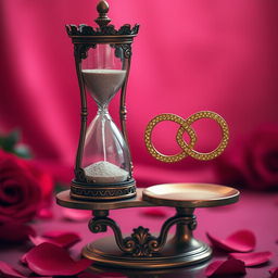 An enchanting scene featuring an ornate hourglass placed on an elegant weighing scale