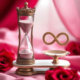 An enchanting scene featuring an ornate hourglass placed on an elegant weighing scale