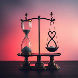 A poignant and emotional scene featuring a beautifully designed hourglass on a classic weighing scale, symbolizing the weight of time and emotions