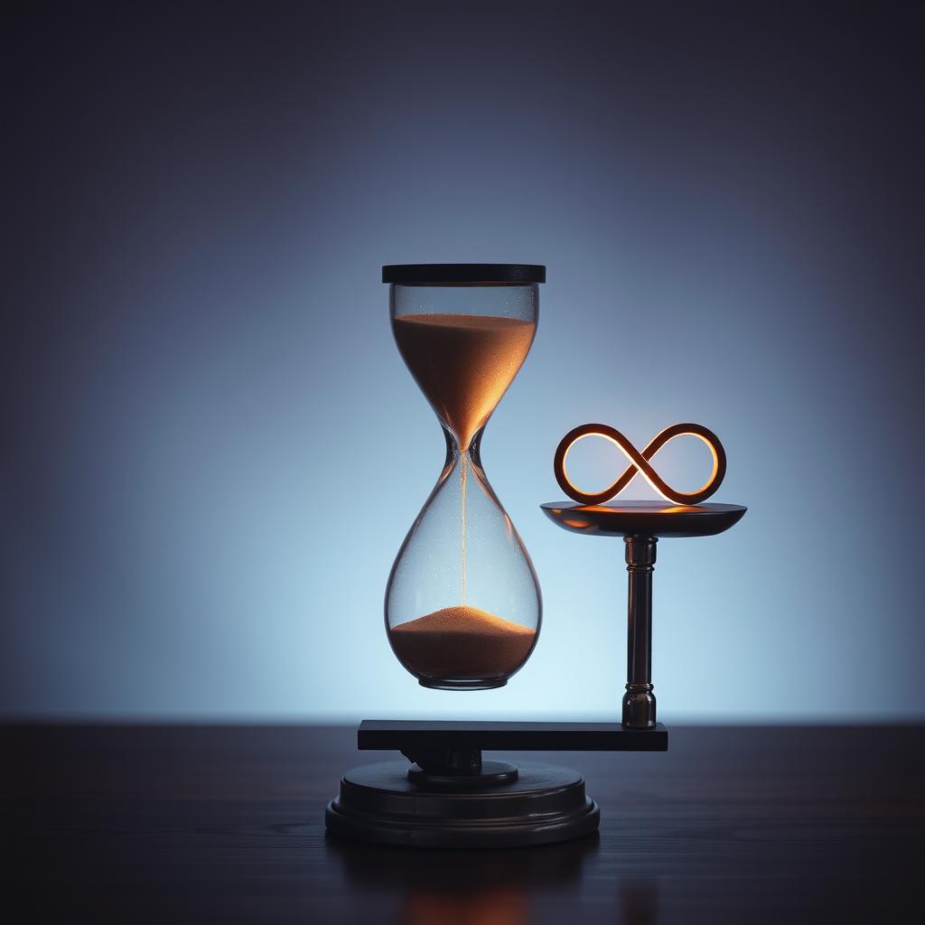 A poignant and emotional scene featuring a beautifully designed hourglass on a classic weighing scale, symbolizing the weight of time and emotions