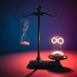 A poignant and emotional scene featuring a beautifully designed hourglass on a classic weighing scale, symbolizing the weight of time and emotions