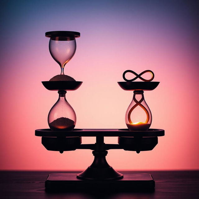 A poignant and emotional scene featuring a beautifully designed hourglass on a classic weighing scale, symbolizing the weight of time and emotions