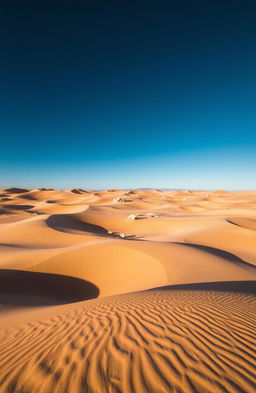 A mesmerizing desert landscape filled with golden sand dunes under a dramatic dark blue sky, with scattered white rocks peeking through the undulating dunes