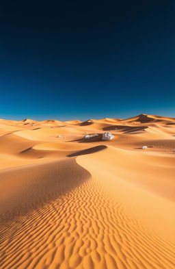 A mesmerizing desert landscape filled with golden sand dunes under a dramatic dark blue sky, with scattered white rocks peeking through the undulating dunes