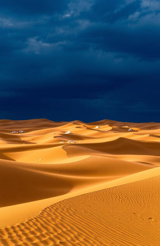 A mesmerizing desert landscape filled with golden sand dunes under a dramatic dark blue sky, with scattered white rocks peeking through the undulating dunes