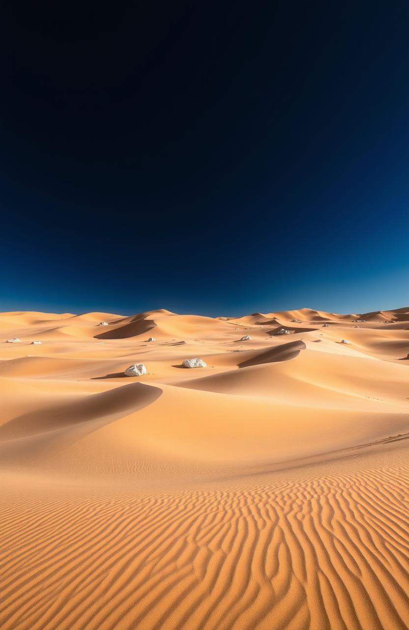 A mesmerizing desert landscape filled with golden sand dunes under a dramatic dark blue sky, with scattered white rocks peeking through the undulating dunes