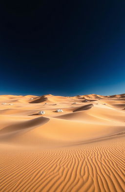 A mesmerizing desert landscape filled with golden sand dunes under a dramatic dark blue sky, with scattered white rocks peeking through the undulating dunes