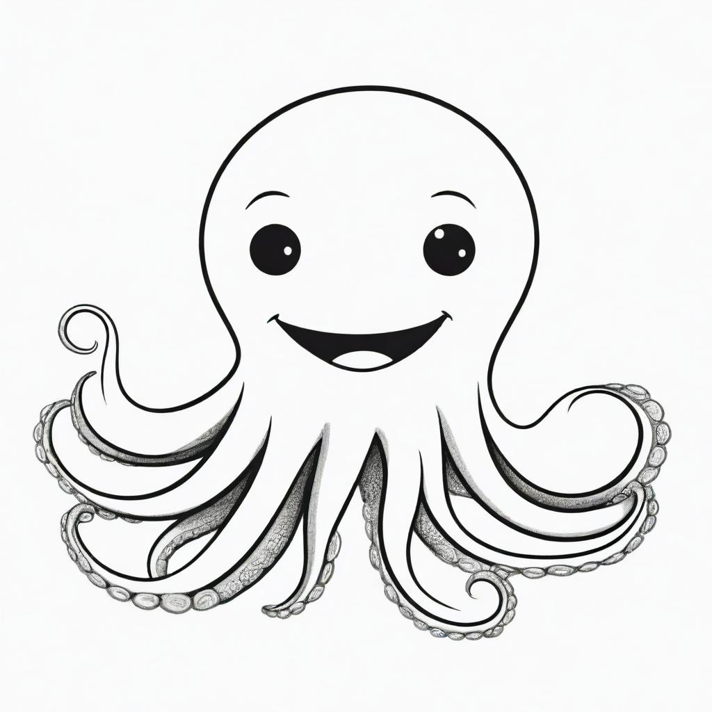 Two-dimensional, black and white drawing of a smiling octopus, designed for a colouring page.