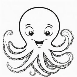 Two-dimensional, black and white drawing of a smiling octopus, designed for a colouring page.