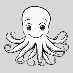 Two-dimensional, black and white drawing of a smiling octopus, designed for a colouring page.