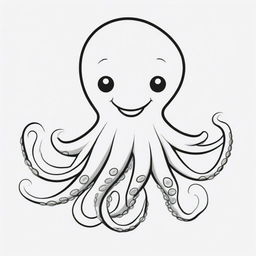 Two-dimensional, black and white drawing of a smiling octopus, designed for a colouring page.