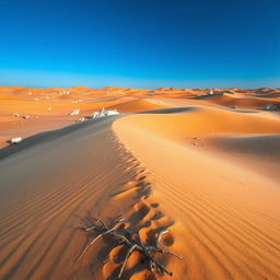 A captivating desert landscape featuring vast stretches of golden sand dunes, set beneath a striking dark blue sky