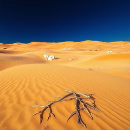 A captivating desert landscape featuring vast stretches of golden sand dunes, set beneath a striking dark blue sky
