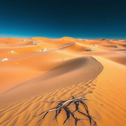 A captivating desert landscape featuring vast stretches of golden sand dunes, set beneath a striking dark blue sky