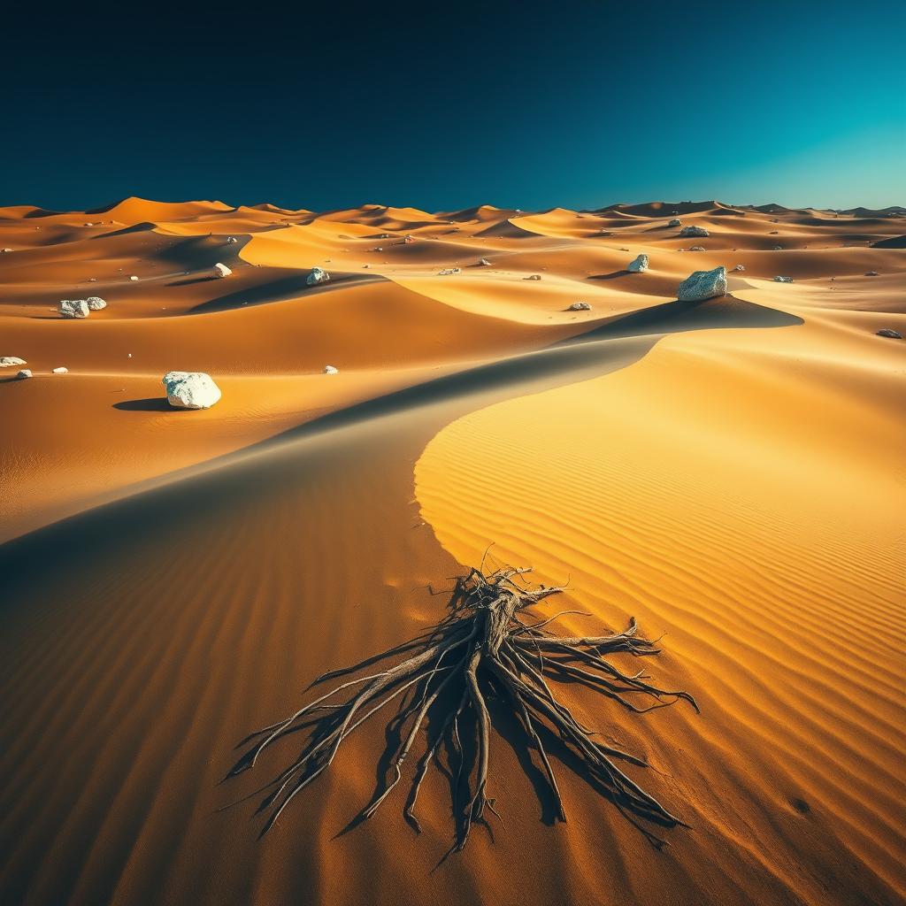 A captivating desert landscape featuring vast stretches of golden sand dunes, set beneath a striking dark blue sky