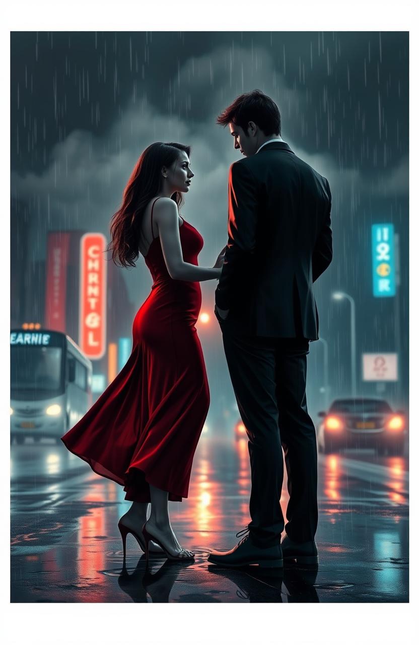 A dramatic and emotional scene depicting a couple standing on a rain-soaked street, looking away from each other in sorrow, with tear-stained faces