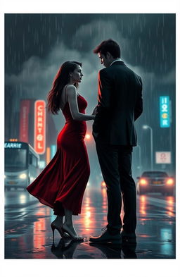 A dramatic and emotional scene depicting a couple standing on a rain-soaked street, looking away from each other in sorrow, with tear-stained faces