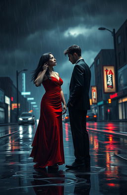 A dramatic and emotional scene depicting a couple standing on a rain-soaked street, looking away from each other in sorrow, with tear-stained faces