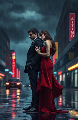 A dramatic and emotional scene depicting a couple standing on a rain-soaked street, looking away from each other in sorrow, with tear-stained faces