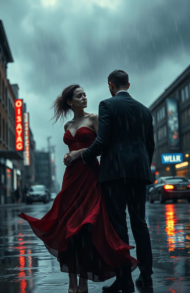 A dramatic and emotional scene depicting a couple standing on a rain-soaked street, looking away from each other in sorrow, with tear-stained faces