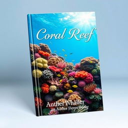 A stunning book cover design featuring vibrant underwater coral reef photography, showcasing a rich diversity of colorful corals, tropical fish darting amongst the corals, and soft sunlight filtering through the water