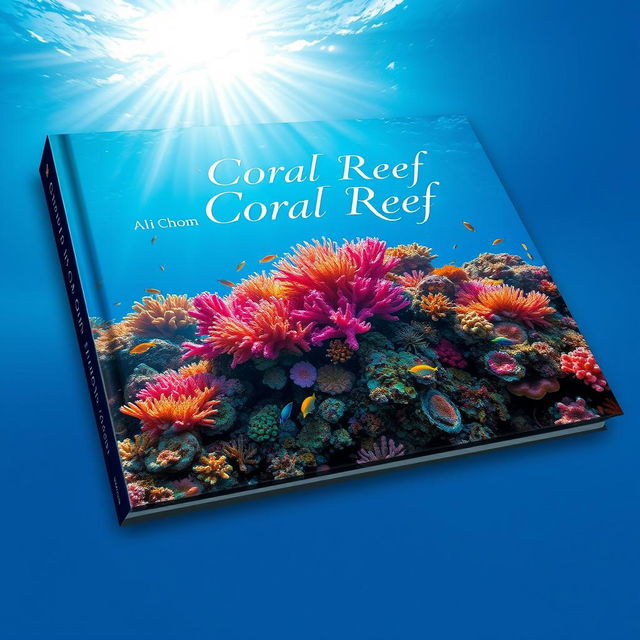 A stunning book cover design featuring vibrant underwater coral reef photography, showcasing a rich diversity of colorful corals, tropical fish darting amongst the corals, and soft sunlight filtering through the water