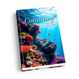 A stunning book cover design featuring vibrant underwater coral reef photography, showcasing a rich diversity of colorful corals, tropical fish darting amongst the corals, and soft sunlight filtering through the water