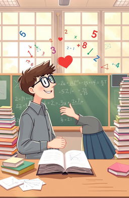 A whimsical love story unfolding in a pastel-colored university math classroom, where two students, a nerdy boy wearing glasses and a studious girl with curly hair, bond over complex equations on the chalkboard