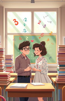 A whimsical love story unfolding in a pastel-colored university math classroom, where two students, a nerdy boy wearing glasses and a studious girl with curly hair, bond over complex equations on the chalkboard
