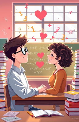 A whimsical love story unfolding in a pastel-colored university math classroom, where two students, a nerdy boy wearing glasses and a studious girl with curly hair, bond over complex equations on the chalkboard