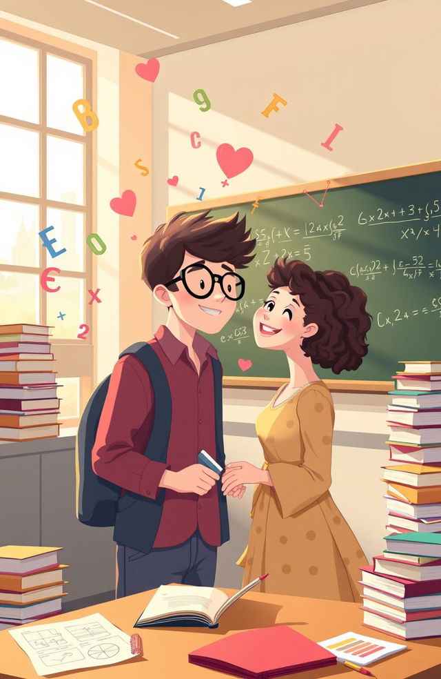 A whimsical love story unfolding in a pastel-colored university math classroom, where two students, a nerdy boy wearing glasses and a studious girl with curly hair, bond over complex equations on the chalkboard