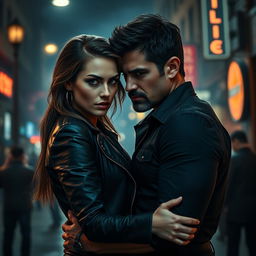 A striking and intense image of a couple locked in an embrace, with an aura of danger surrounding them