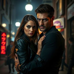 A striking and intense image of a couple locked in an embrace, with an aura of danger surrounding them