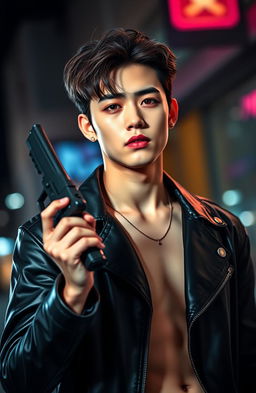 A dramatic portrait of a young male figure resembling a stylish K-Pop idol with striking features, inspired by Jungkook