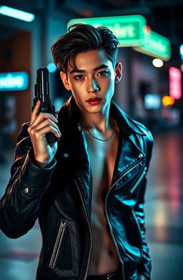 A dramatic portrait of a young male figure resembling a stylish K-Pop idol with striking features, inspired by Jungkook