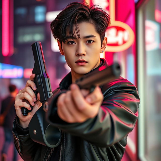 A dramatic portrait of Jeon Jungkook, the K-Pop idol, striking a confident pose while holding a sleek, modern handgun