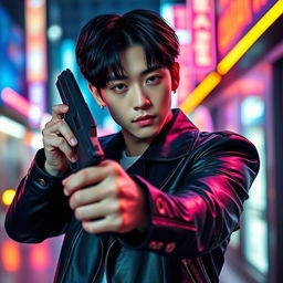 A dramatic portrait of Jeon Jungkook, the K-Pop idol, striking a confident pose while holding a sleek, modern handgun