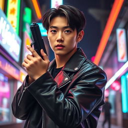 A dramatic portrait of Jeon Jungkook, the K-Pop idol, striking a confident pose while holding a sleek, modern handgun