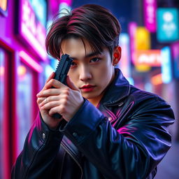 A dramatic portrait of Jeon Jungkook, the K-Pop idol, striking a confident pose while holding a sleek, modern handgun
