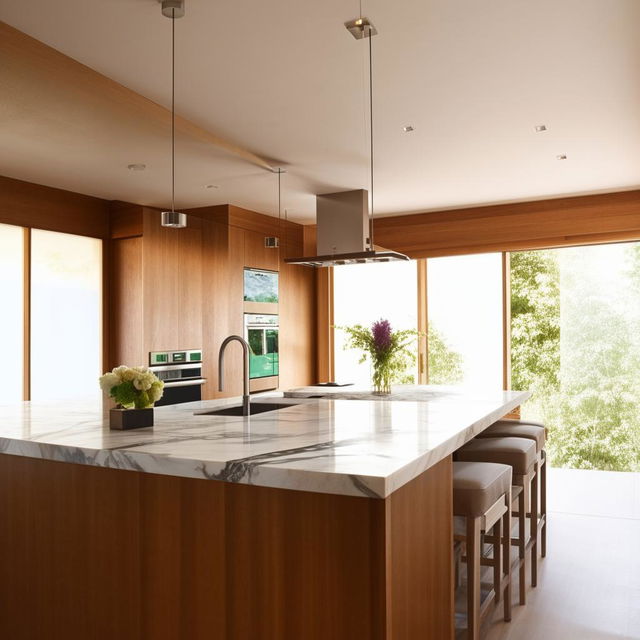 Generate a cozy, bright, modern kitchen with stainless steel appliances, a central island, marble countertops, and wooden cabinets. Natural light should be flowing through large windows.