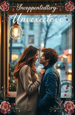 A captivating book cover depicting an unexpected love story set in a cozy, quaint café during a rainstorm