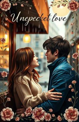 A captivating book cover depicting an unexpected love story set in a cozy, quaint café during a rainstorm