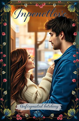 A captivating book cover depicting an unexpected love story set in a cozy, quaint café during a rainstorm